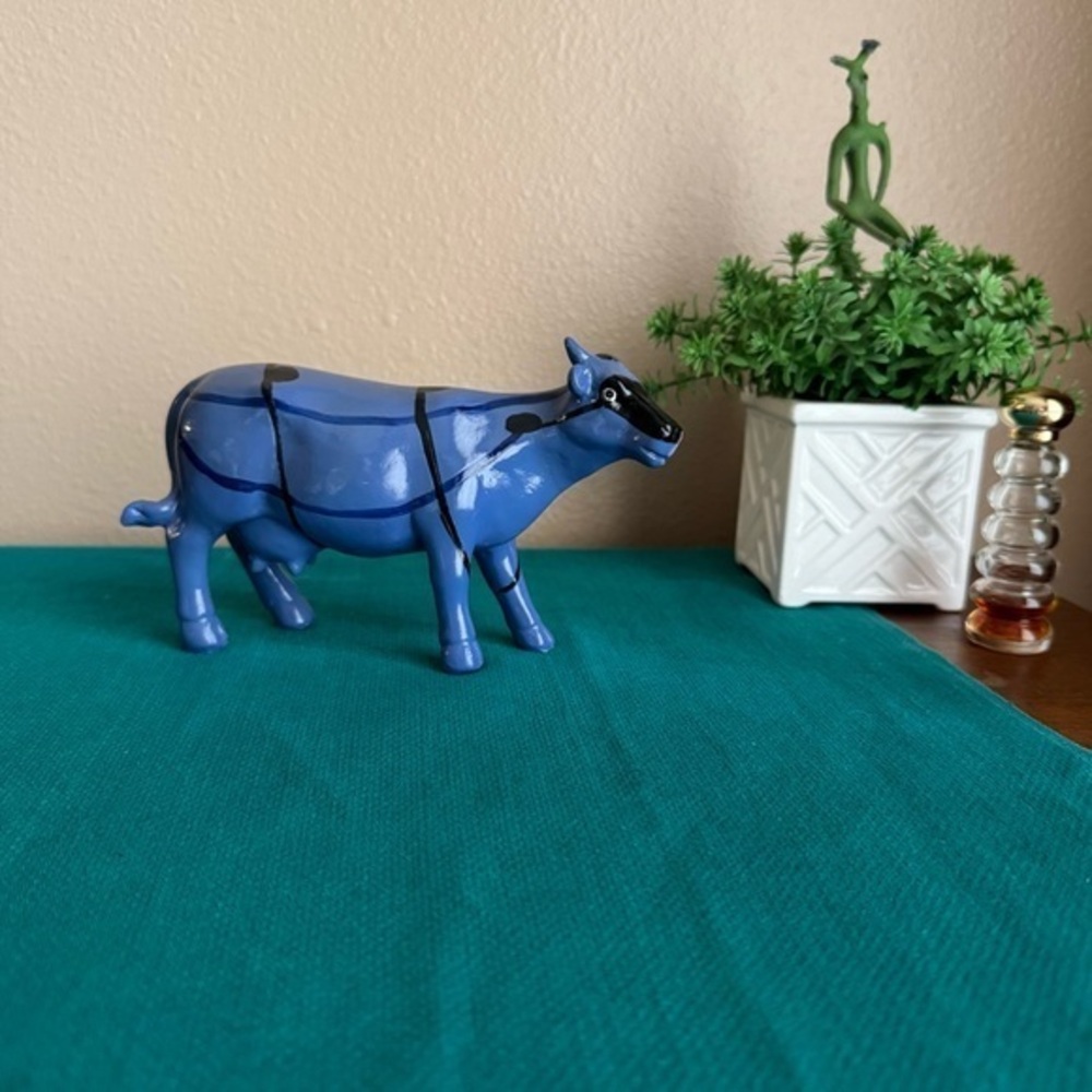 K’s Collection blue and black striped grid hand painted Cow figurine